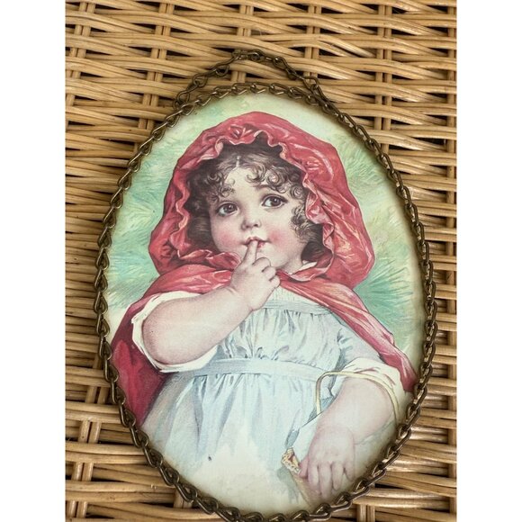 Vintage 80's Pair Victorian Girls, St Bernard Dog Brass Chain Frame Wall Decor - Picture 11 of 13